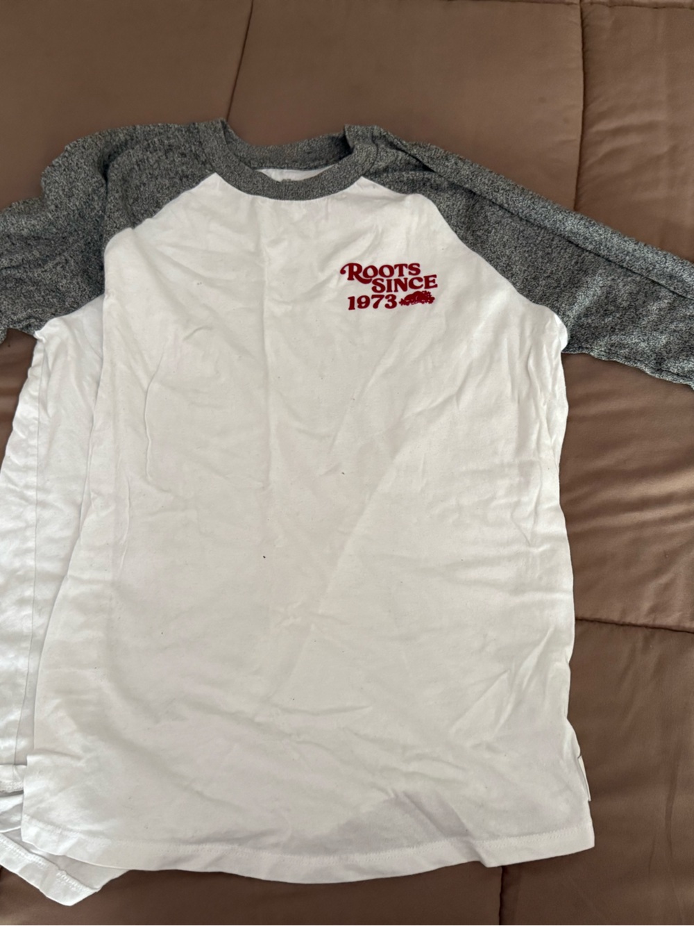 Roots White Tee with Grey Logo and Neck Trim